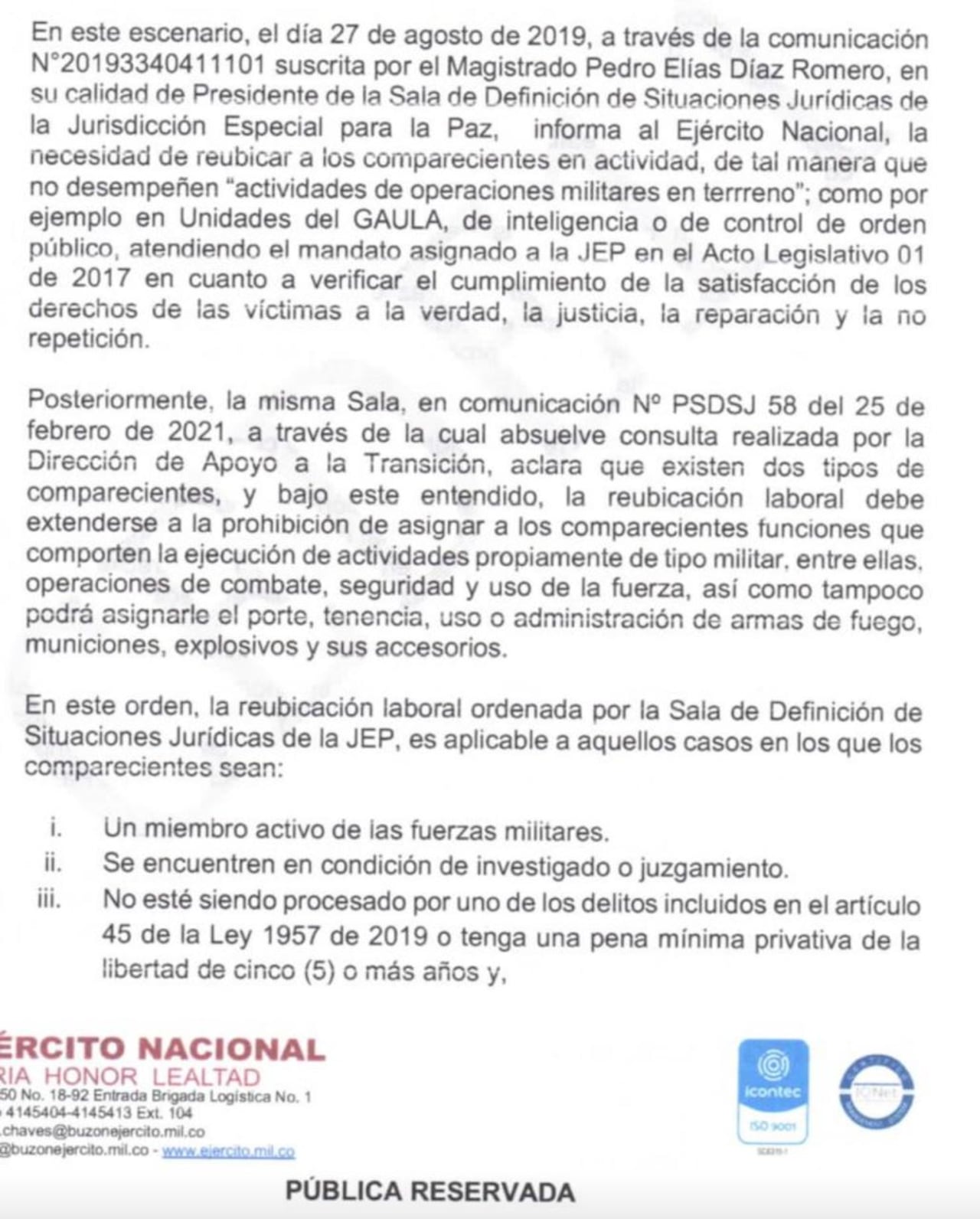 Documento interno del Ejército que ordena reubicar a militares activos que tengan situaciones especiales en la JEP.