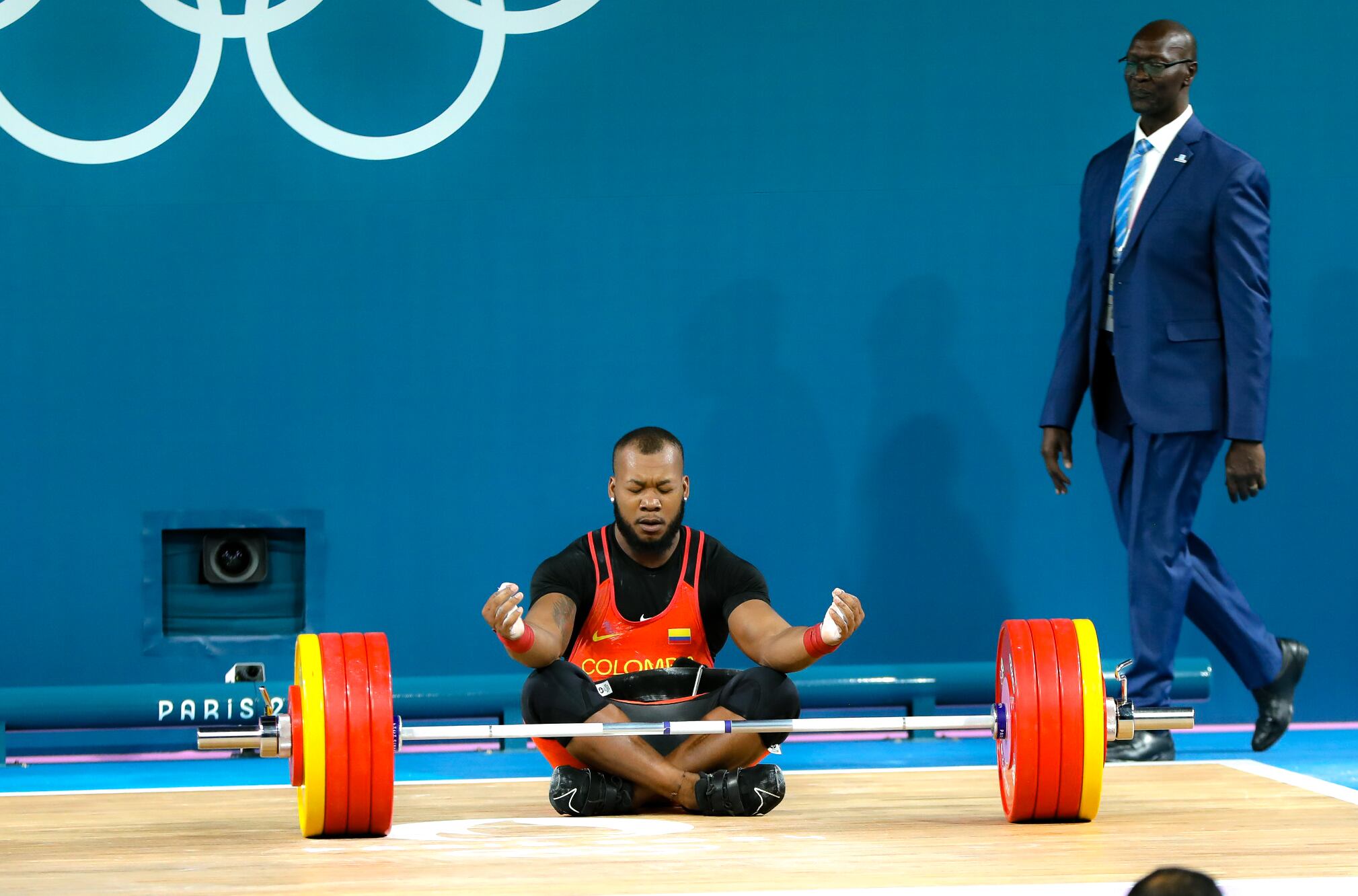 Yeison López durante uno de sus ejercicios del levantamiento de pesas de los Juegos Olímpicos de París 2024.