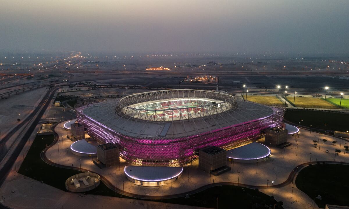 DOHA, QATAR - JUNE 23: (EDITORS NOTE: This photograph was taken using a drone) An aerial view of Ahmad Bin Ali stadium at sunset on June 23, 2022 in Al Rayyan, Qatar. Ahmad Bin Ali stadium, designed by Pattern Design studio is a host venue of the FIFA World Cup Qatar 2022 starting in November. (Photo by Getty Images/David Ramos)