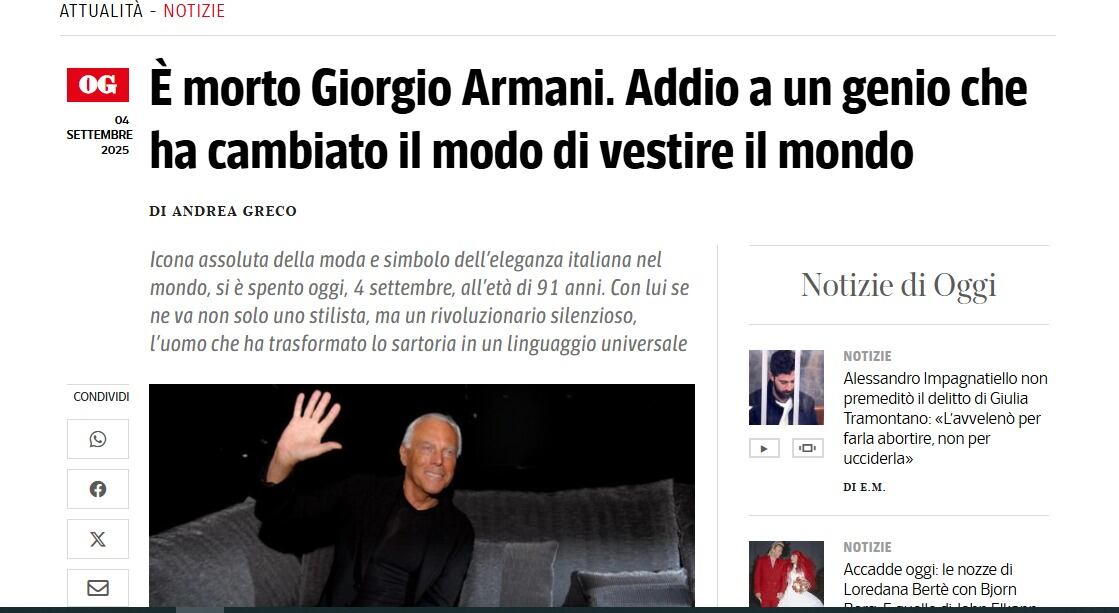 Así reacciona la prensa italiana tras la muerte del ícono de la moda Giorgio Armani