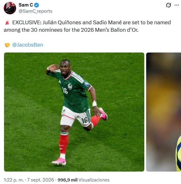 Julián Quiñones en la lista del Balón de Oro