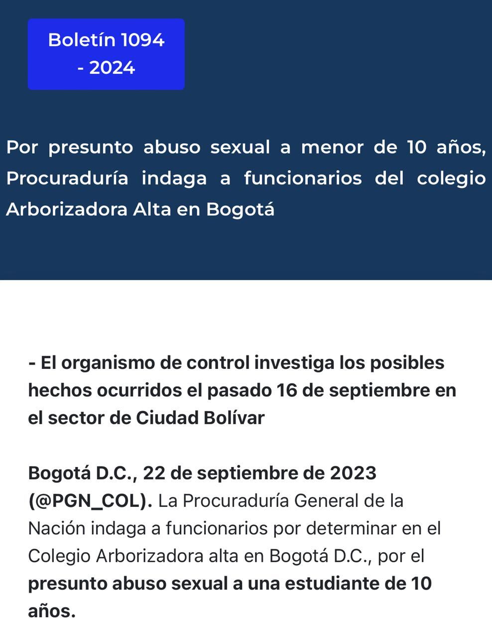 Procuraduría confirmó indagación por presunto abuso sexual a estudiante en Bogotá.