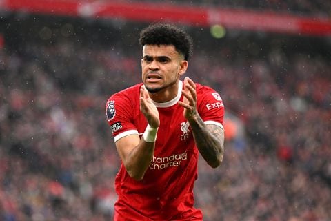 LIVERPOOL, ENGLAND - MARCH 10: Luis Diaz of Liverpool reacts after scoring a goal which was later ruled out for offside during the Premier League match between Liverpool FC and Manchester City at Anfield on March 10, 2024 in Liverpool, England. (Photo by Michael Regan/Getty Images)