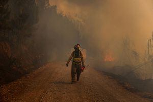 Un bombero asiste durante un incendio forestal en el área de Santa Juana, Chile, 10 de febrero de 2023. 