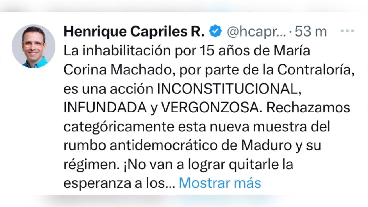 Henrique Capriles rechazó la decisión del organismo de control y la calificó como Inconstitucional, infundada y vergonzosa.