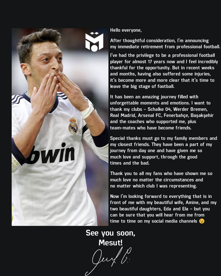 Özil informó con un comunicado su decisión de retirarse del fútbol