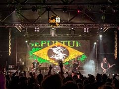 Sepultura, en su concierto de despedida de Colombia. Este tuvo lugar en el marco de su gira de 40 años de actividad, el domingo 14 de abril en el Bar Calle 13 de Bogotá, 2024.