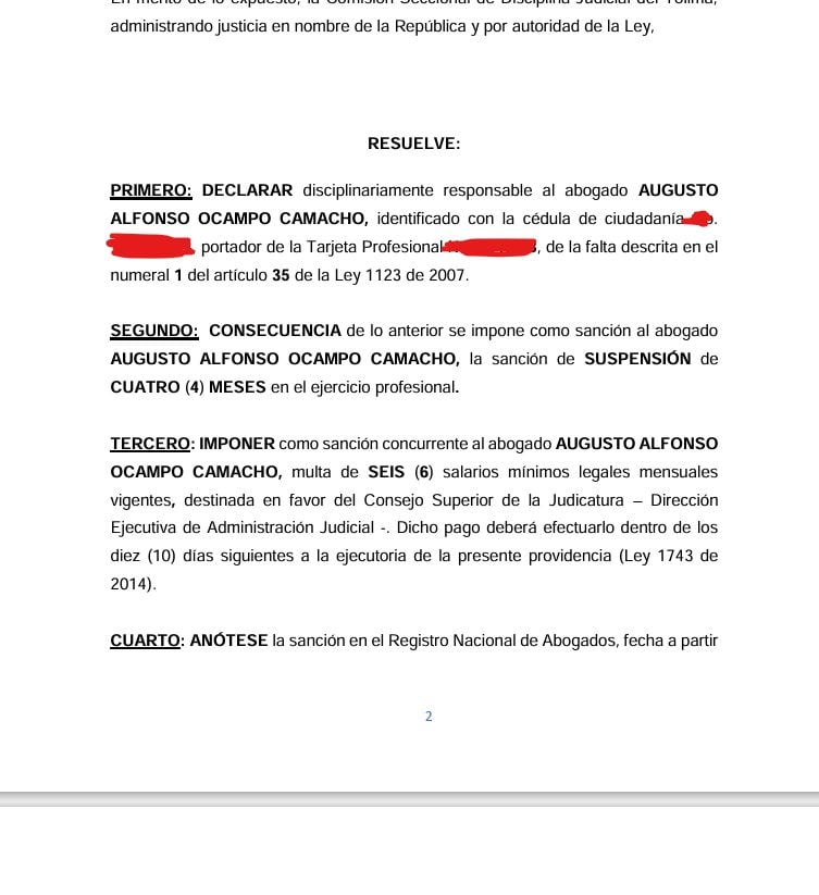 Comisión Nacional de Disciplina Judicial sancionó al abogado Augusto Ocampo.