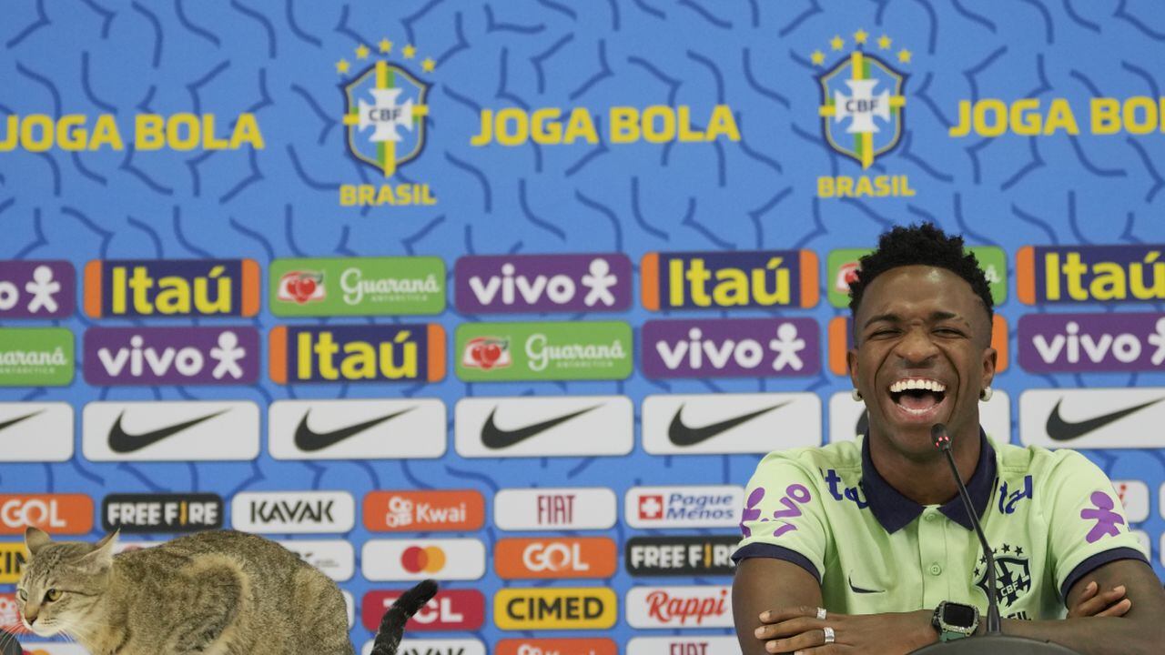 Brazil's Vinicius Junior smiles as a cat sits on the the table during a press conference after a training session at the Grand Hamad stadium in Doha, Qatar, Wednesday, Dec. 7, 2022. Brazil will face Croatia in a World Cup quarter final match on Dec. 9. (AP/Andre Penner)