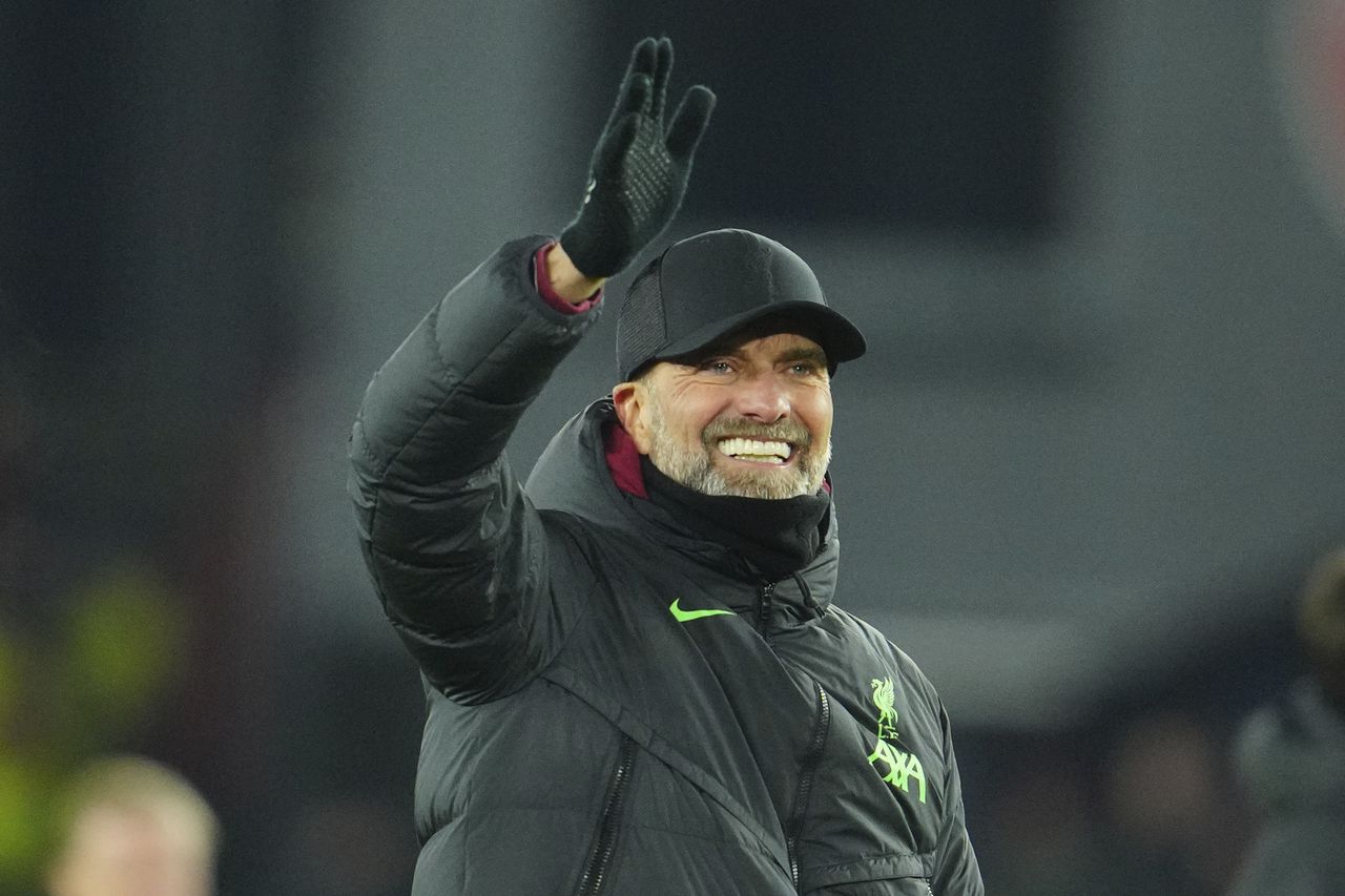 Liverpool's manager Jurgen Klopp celebrates after the English Premier League soccer match between Sheffield United and Liverpool at Bramall Lane in Sheffield, England, Wednesday, Dec. 6, 2023. (AP Photo/Jon Super)