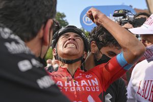 Santiago Buitrago of Colombia celebrates after winning the 17th stage of the Cycling Giro D'Italia from Ponte Di Legno to Lavarone in northern Italy, Wednesday, May 25, 2022. (Marco Alpozzi/LaPresse via AP)
