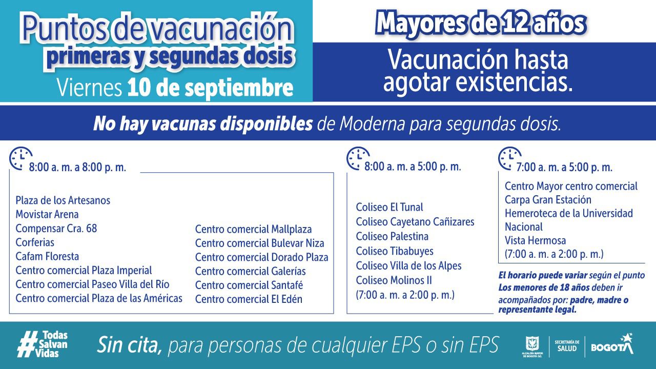 Estos serán los puntos de vacunación para mayores de 12 años en Bogotá