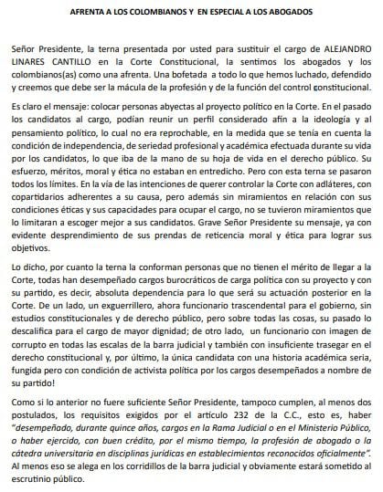 Carta del abogado Carlos Eduardo Naranjo sobre la terna a magistrado de la Corte Constitucional del presidente Gustavo Petro.