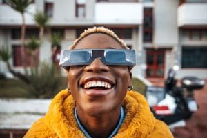 Adolescente mirando el eclipse solar usando los anteojos protectores adecuados