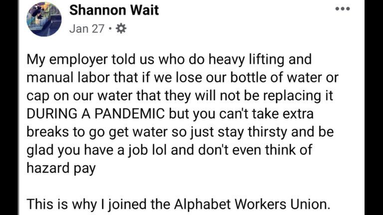 Fragmento de la publicación de Facebook de Shannon Wait sobre lo sucedido en el trabajo.,