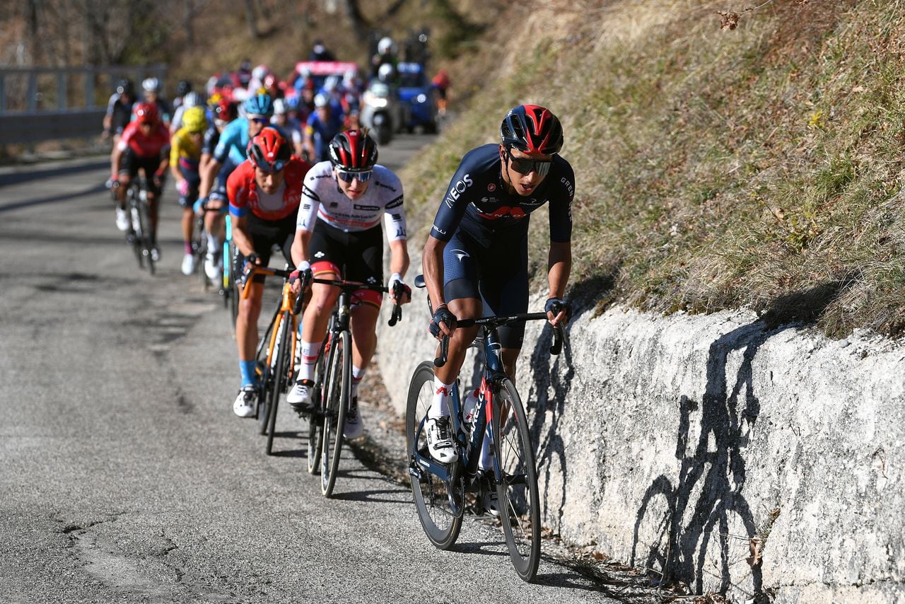 PRATI DI TIVO, ITALY - MARCH 13: Mikel Landa Meana of Spain and Team Bahrain Victorious, Tadej Pogacar of Slovenia and UAE Team Emirates White Best Young Rider Jersey & Egan Arley Bernal Gomez of Colombia and Team INEOS Grenadiers during the 56th Tirreno-Adriatico 2021, Stage 4 a 148km stage from Terni to Prati di Tivo 1450m / #TirrenoAdriatico / on March 13, 2021 in Prati di Tivo, Italy. (Photo by Tim de Waele/Getty Images)