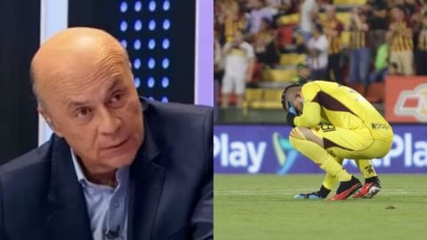 Carlos Antonio Vélez y una particular forma de señalar la complicidad de Álvaro Montero en el segundo gol de Tolima vs. Millonarios.