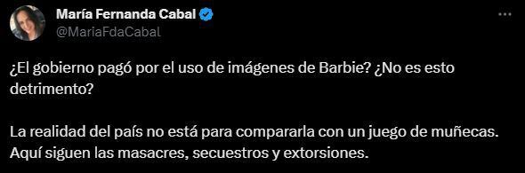 María Fernanda Cabal criticó al Gobierno por video de Presidencia sobre la película Barbie.
