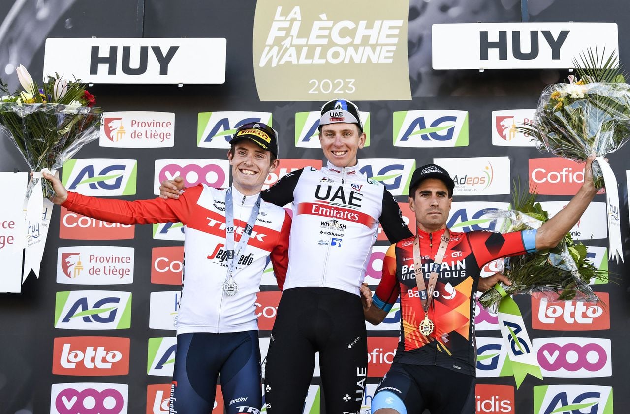 From left: Danish Mattias Skjelmose Jensen of Trek-Segafredo, Slovenian Tadej Pogacar of UAE Team Emirates and Spanish Mikel Landa of Bahrain Victorious celebrate on the podium following the 86th edition of the men's race 'La Fleche Wallonne', a one day cycling race (Waalse Pijl - Walloon Arrow), 194,2 km from Herve to Huy on April 19, 2023. (Photo by GOYVAERTS / Belga / AFP) / Belgium OUT