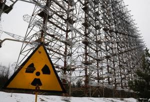 En esta imagen del 22 de noviembre de 2018, se ve un sistema de radar ultrasecreto de la era soviética que alguna vez fue utilizado como parte de la red de detección temprana de misiles de la Unión Soviética, detrás de un letrero de radioactividad, en Chernóbil, Ucrania. (AP Foto/Efrem Lukatsky, archivo)