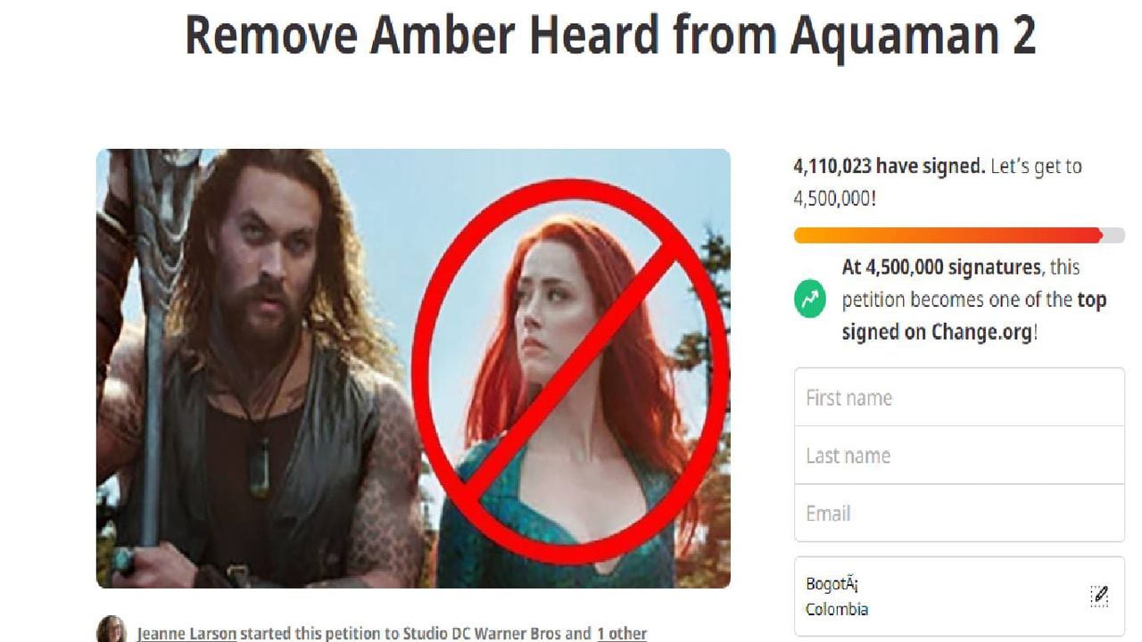 La propuesta que busca sacar a Amber Heard de la película 'Aquaman' superó los cuatro millones de firmas. Foto: https://www.change.org/.