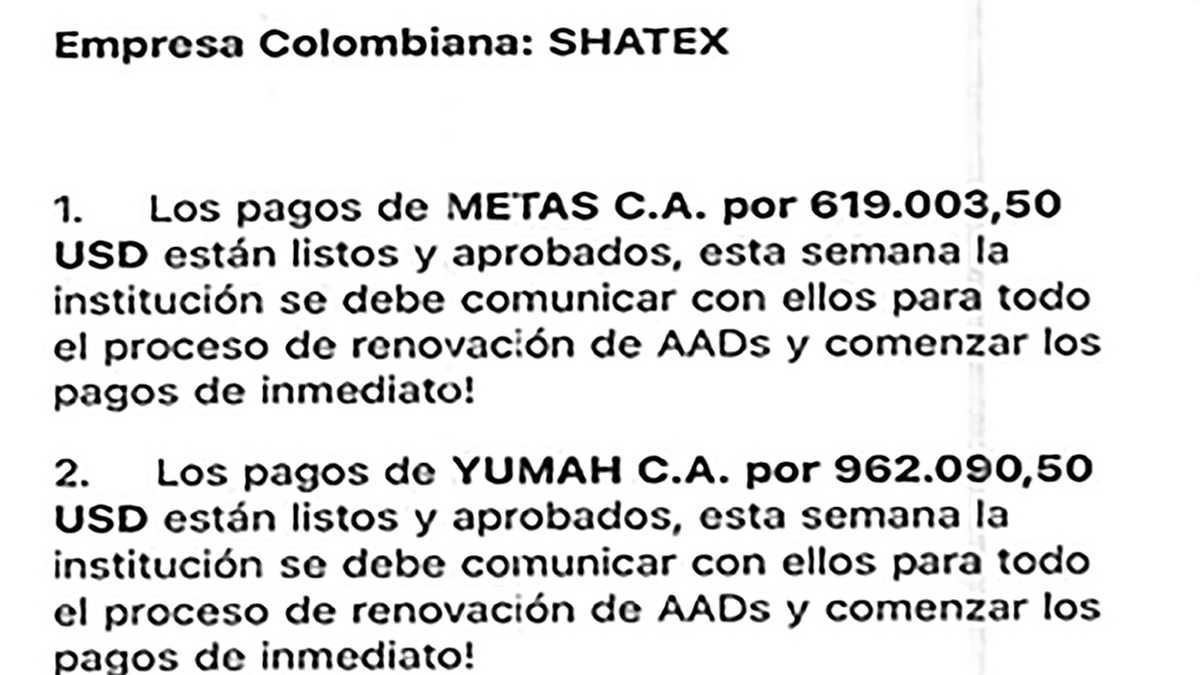  El facsímil de un correo enviado a Álex Saab, rotulado como “detalles de pagos”, en el que aparece la empresa colombiana Shatex, que según la Fiscalía es una firma de papel con exportaciones ficticias por más de 25.000 millones de pesos.