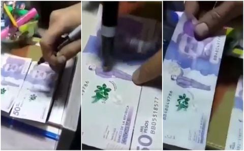Un comerciante denunció que estos billetes falsos de 50.000 pesos están hechos con un papel muy parecido al original.