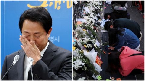 El alcalde de Seúl, Oh Se-hoon, reacciona durante una rueda de prensa en Seúl, Corea del Sur tras la estampida del fin de semana.