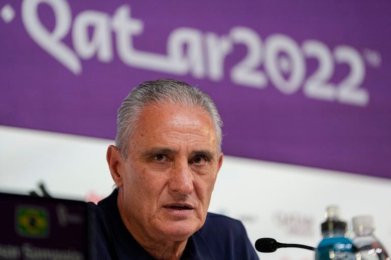 Brazil's head coach Tite speaks during a press conference on the eve of the group G of World Cup soccer match between Brazil and Switzerland, in Doha, Qatar, Sunday, Nov. 27, 2022. (AP Photo/Andre Penner)