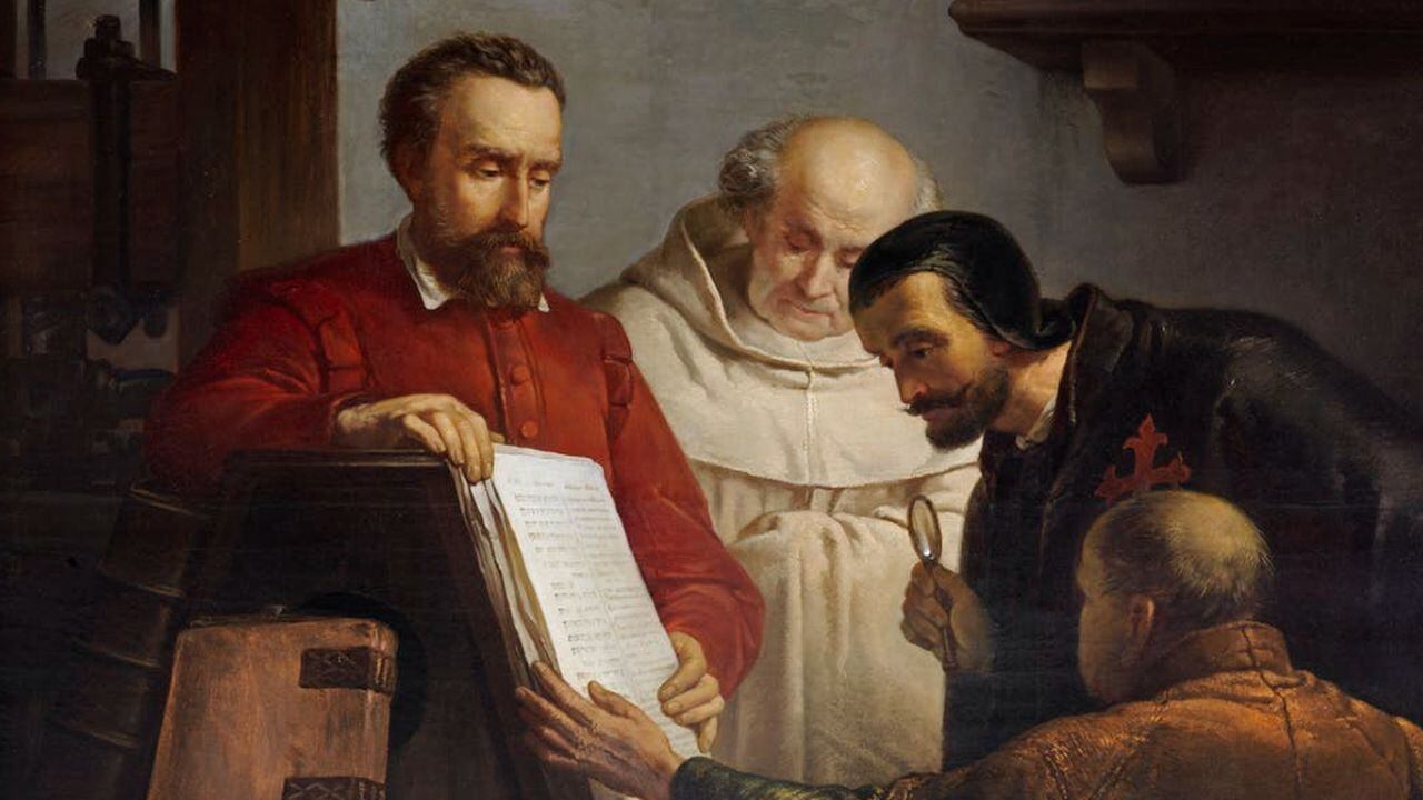 Plantin muestra un ejemplar de la Biblia Regia a Arias Montano (Jos Bellemans)