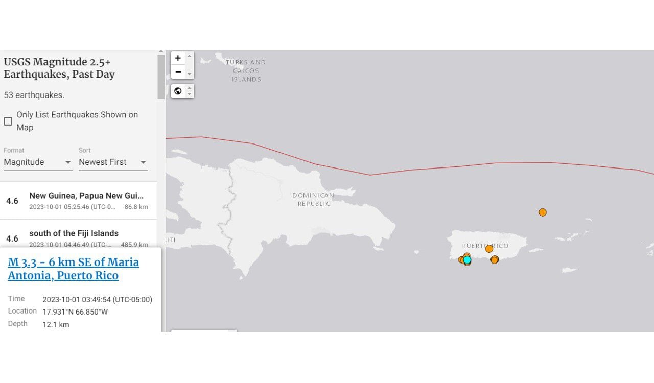Así ha registrado el USGS la gran cantidad de sismos que se presentaron en la madrugada del primero de octubre en Puerto Rico