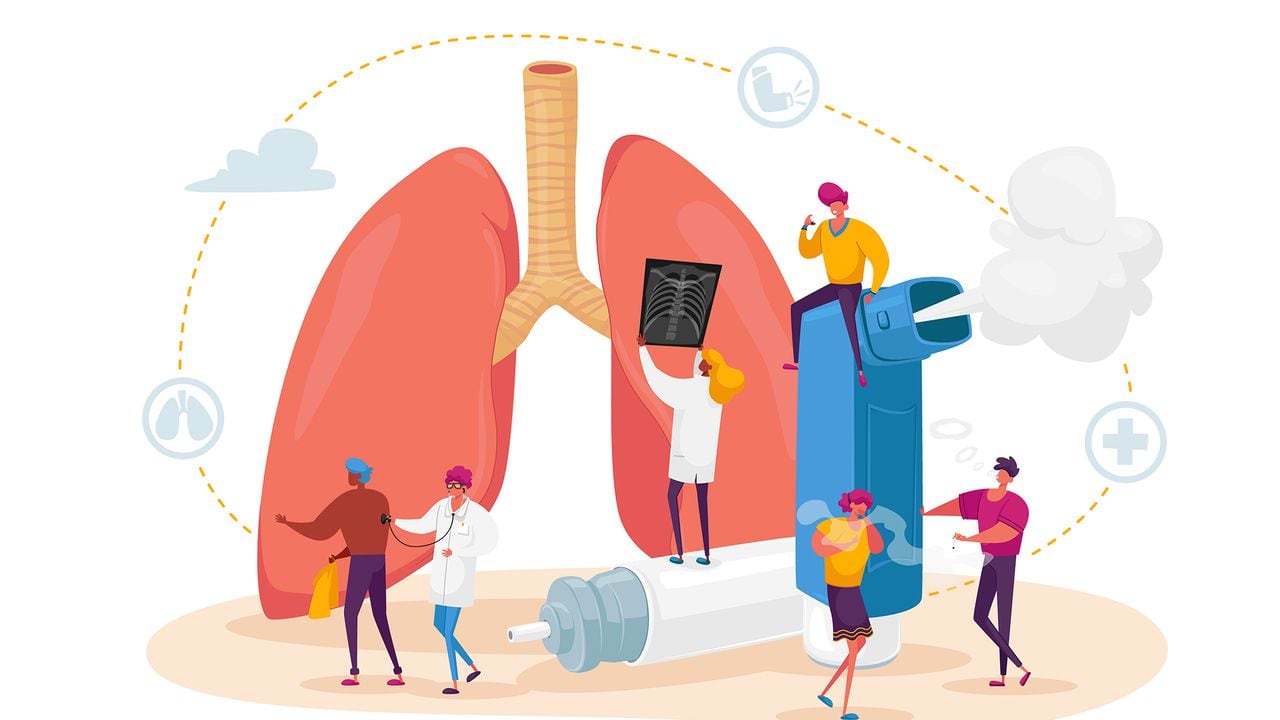 Concepto de enfermedad de neumología y asma. Pequeños personajes en enormes pulmones e inhalador, examen y tratamiento del sistema respiratorio. Control de inspección de órganos internos. Ilustración de vector de gente de dibujos animados