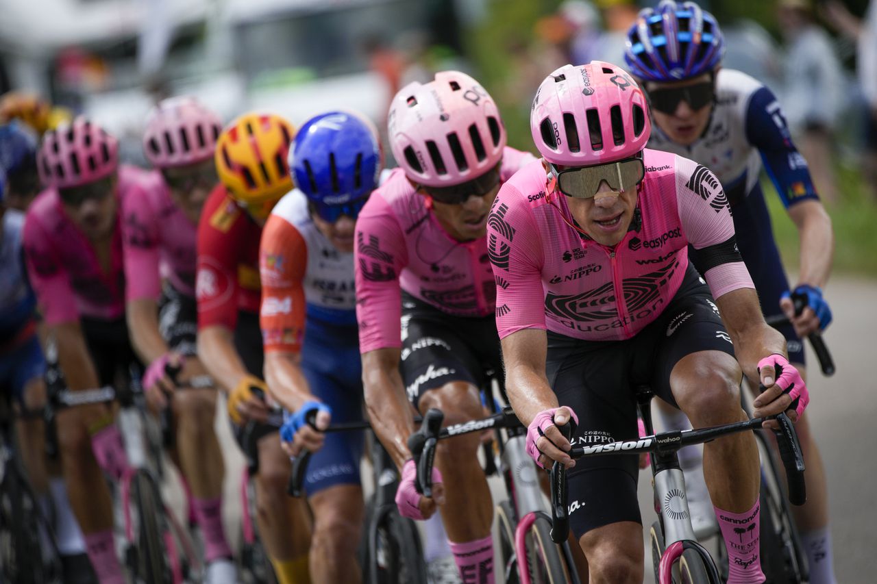Colombia's Rigoberto Uran sets the pace for the pack during the nineteenth stage of the Tour de France cycling race over 173 kilometers (107.5 miles) with start in Moirans-en-Montagne and finish in Poligny, France Friday, July 21, 2023. (AP Photo/Daniel Cole)