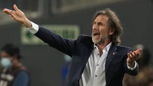 Peru's coach Ricardo Gareca reacts during a qualifying soccer match against Paraguay for the FIFA World Cup Qatar 2022 in Lima, Peru, Tuesday, March 29, 2022. (AP/Martin Mejia)