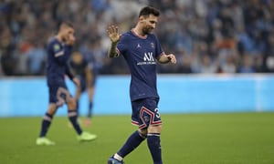 PSG's Lionel Messi gestures during the French League One soccer match between Marseille and Paris Saint-Germain in Marseille, France, Sunday, Oct. 24, 2021. (AP Photo/Daniel Cole)