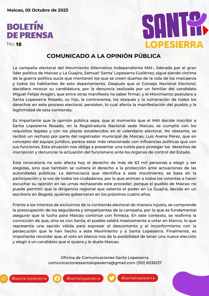 Este fue el comunicado de Samuel Santander Lopesierra promoviendo el voto en blanco.