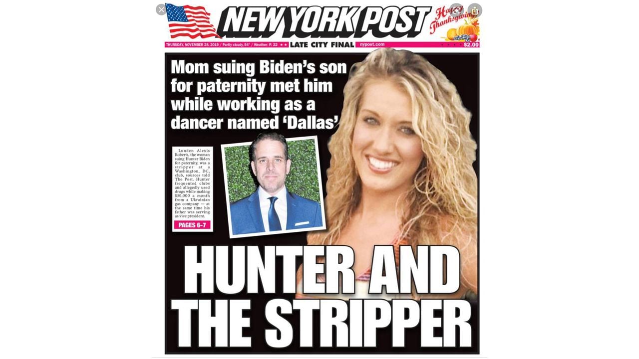 El New York Post le dio primera plana al escándalo de Hunter y la stripper con quien tuvo un hijo al que se negaba a reconocer.