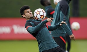 Liverpool's Luis Diaz attends a training session ahead of Wednesday's Champions League, first-leg semifinal soccer match against Villareal, at the AXA Training Centre, Liverpool, England, Tuesday, April 26, 2022. (Peter Byrne/PA via AP)