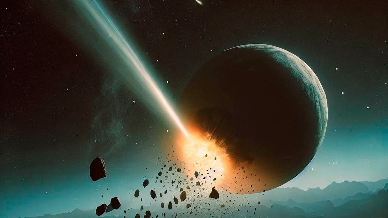 Ilustración de un asteroide que choca contra la Luna.