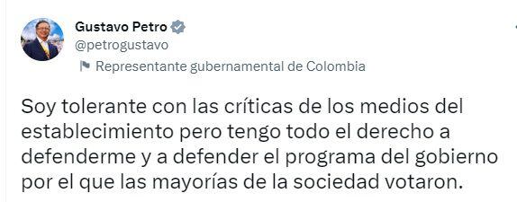 Tuit del presidente de Colombia, Gustavo Petro.