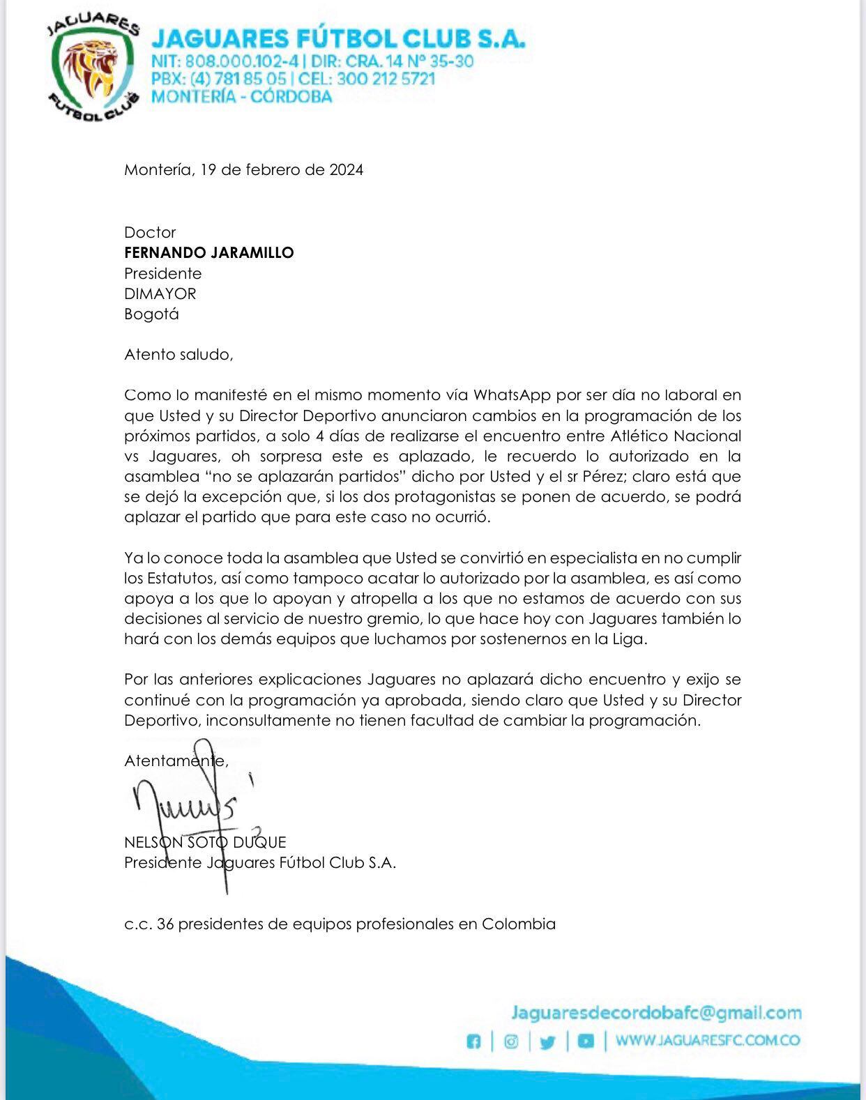 Carta de Jaguares enviada al presidente de la Dimayor Fernando Jaramillo