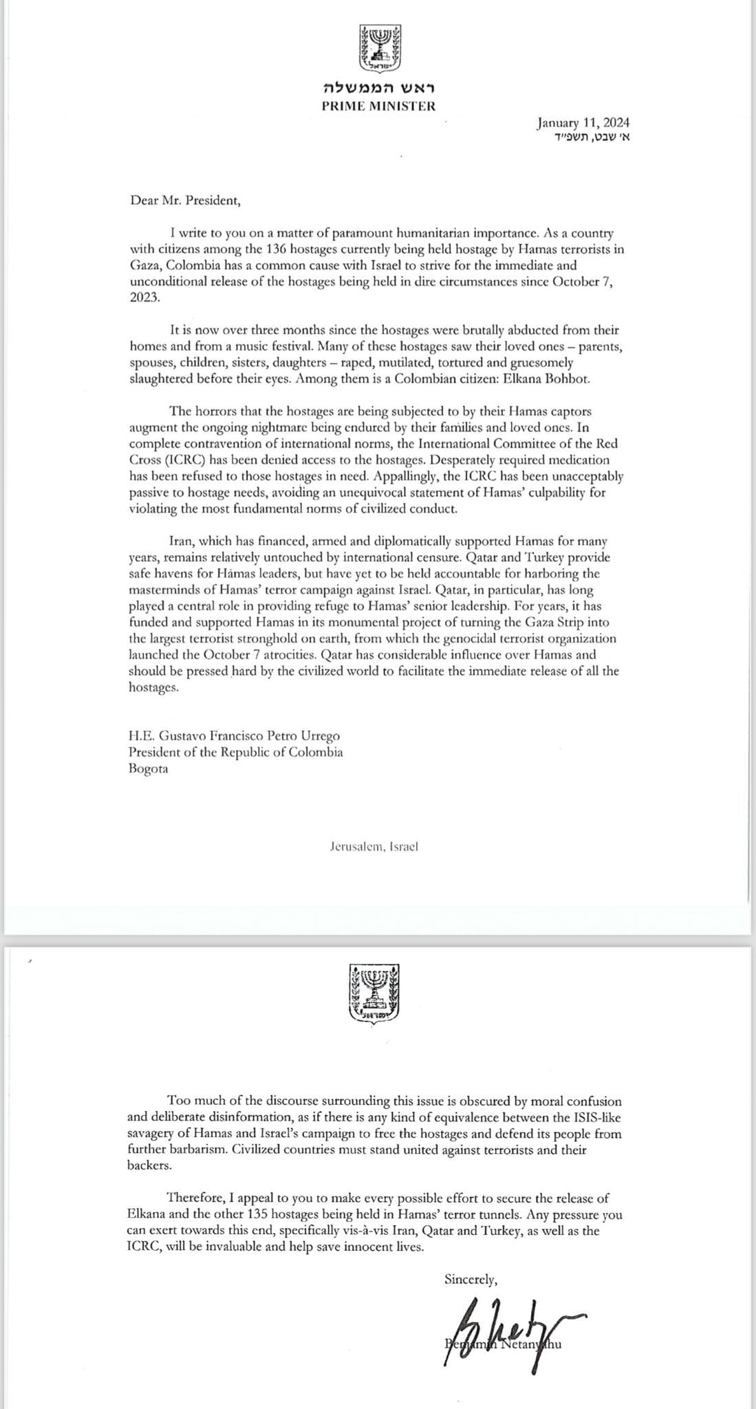 Carta de Netanyahu a Petro