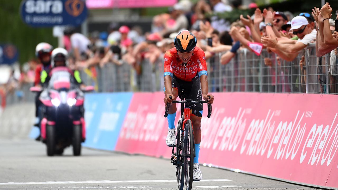 COGNE, ITALY - MAY 22: Santiago Buitrago Sanchez of Colombia and Team Bahrain Victorious crosses the finish line disappointment on second place during the 105th Giro d'Italia 2022, Stage 15 a 177km stage from Rivarolo Canavese to Cogne 1622m / #Giro / #WorldTour / on May 22, 2022 in Cogne, Italy. (Photo by Tim de Waele/Getty Images)
