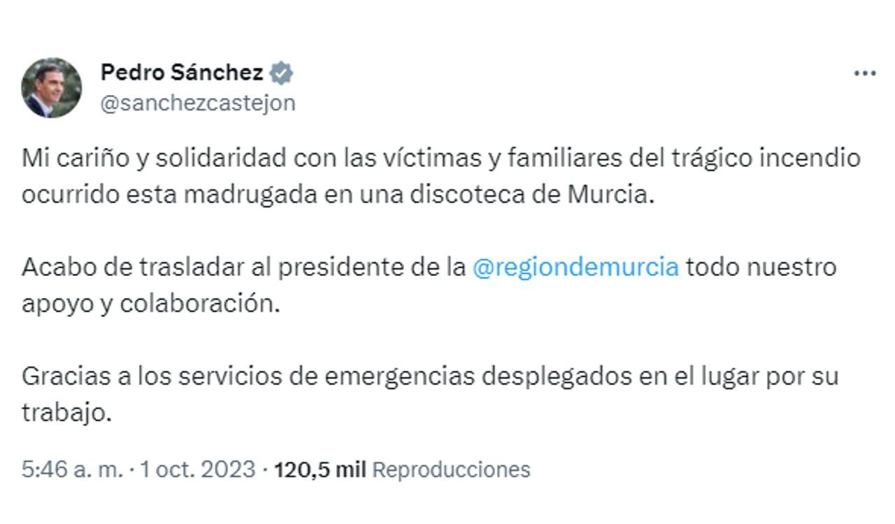 El presidente de España, Pedro Sánchez también se manifestó sobre lo ocurrido en el incendio en Murcia, España