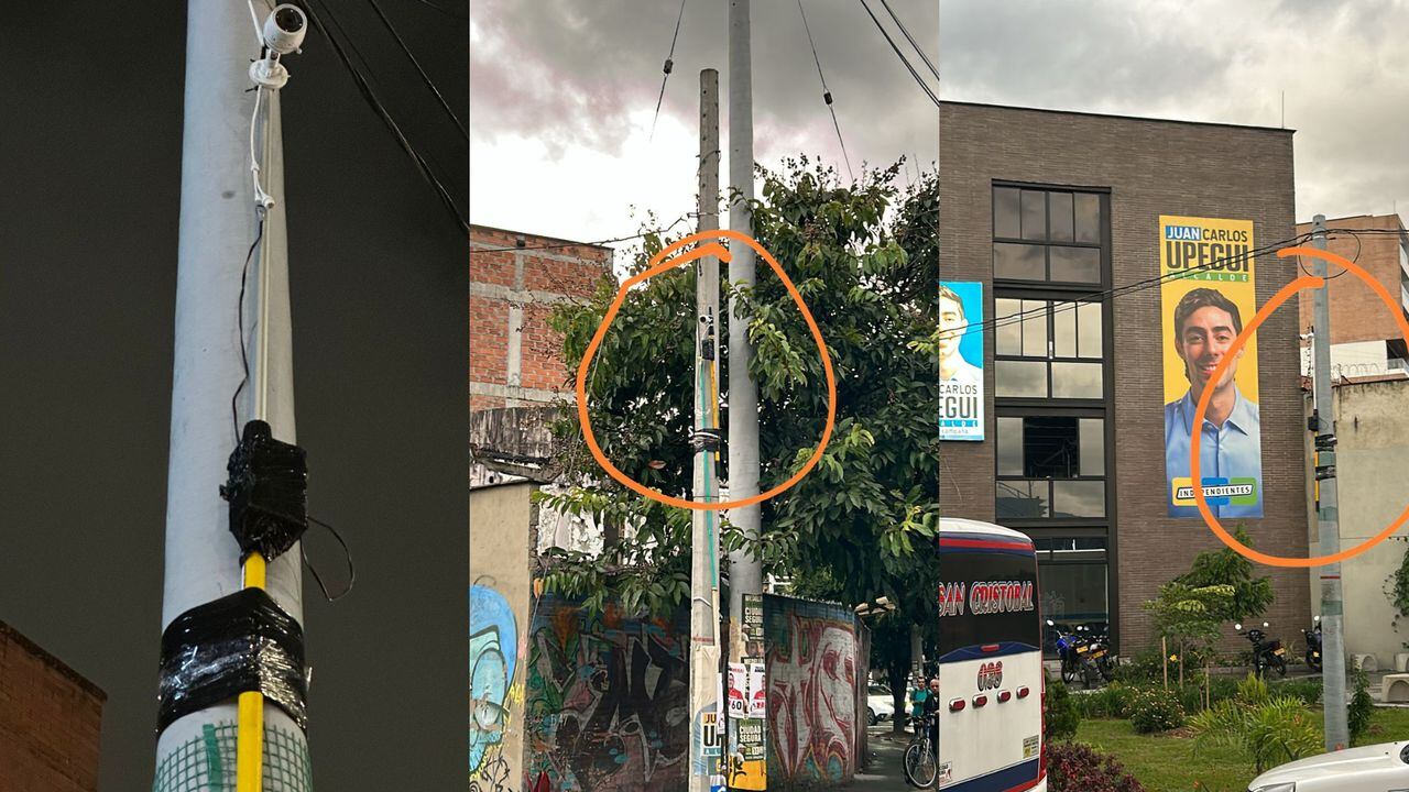 Supuestas cámaras halladas en las inmediaciones de la campaña de Juan Carlos Upegui en Medellín.