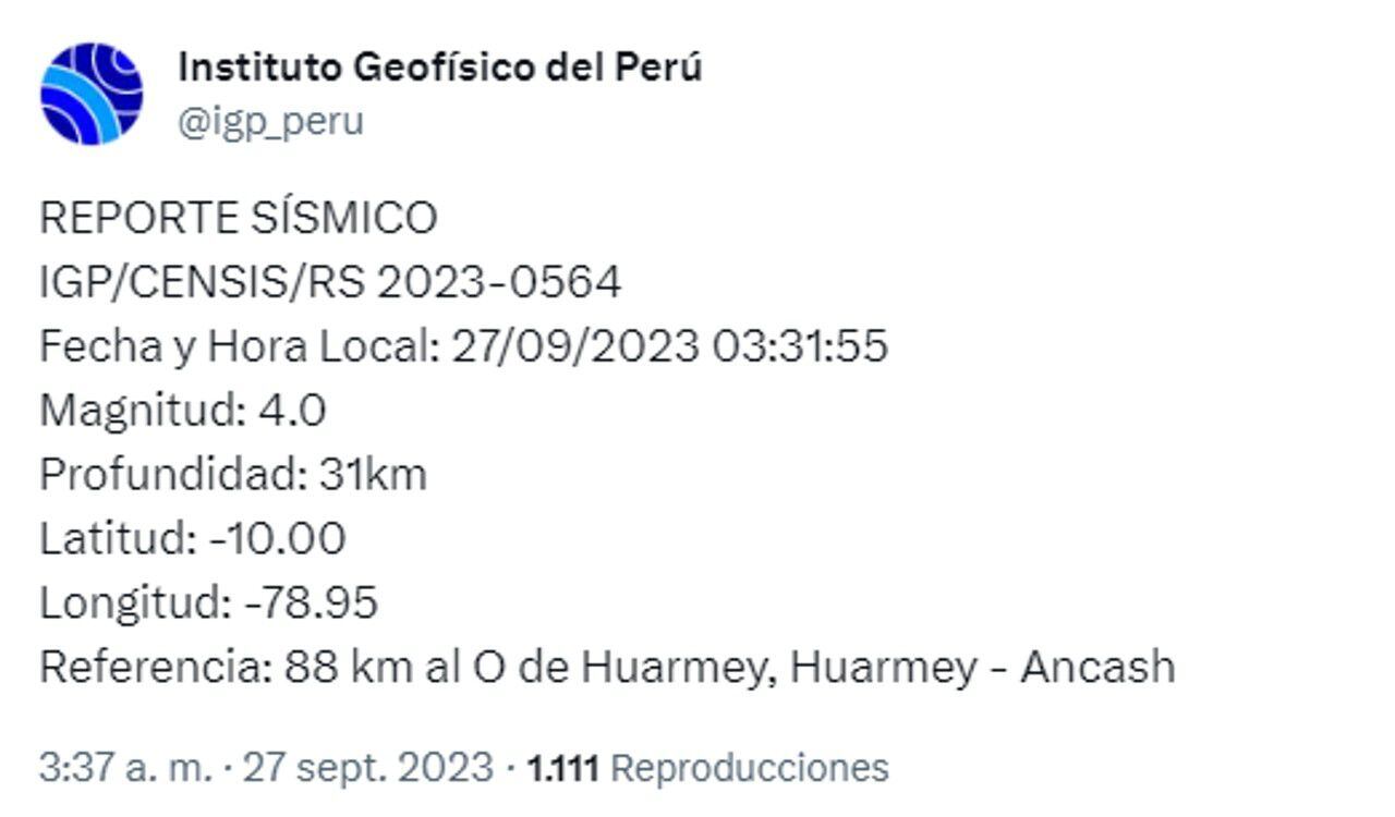 Así registró el Instituto Geofísico del Perú el temblor del miércoles 27 de septiembre de 2023