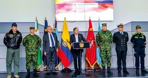   El presidente Gustavo Petro, acompañado por el ministro de Defensa, Iván Velásquez, y la cúpula recién nombrada de las Fuerzas Armadas.