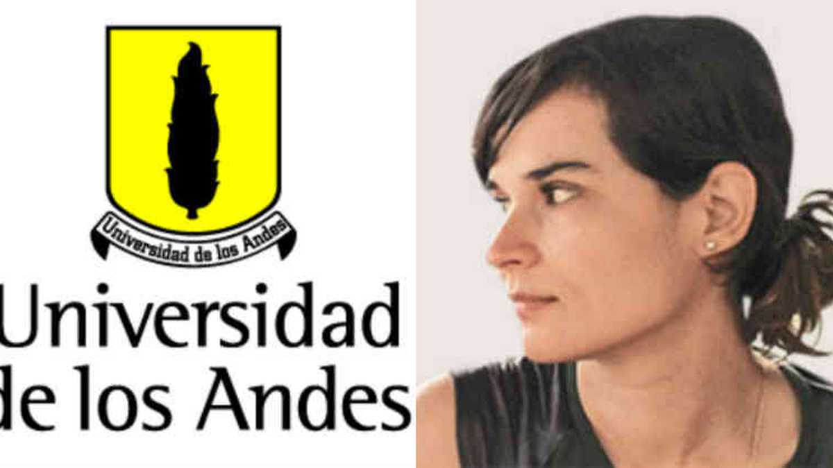 El logo de la universidad y la doctora en literatura Carolina Sanín.
