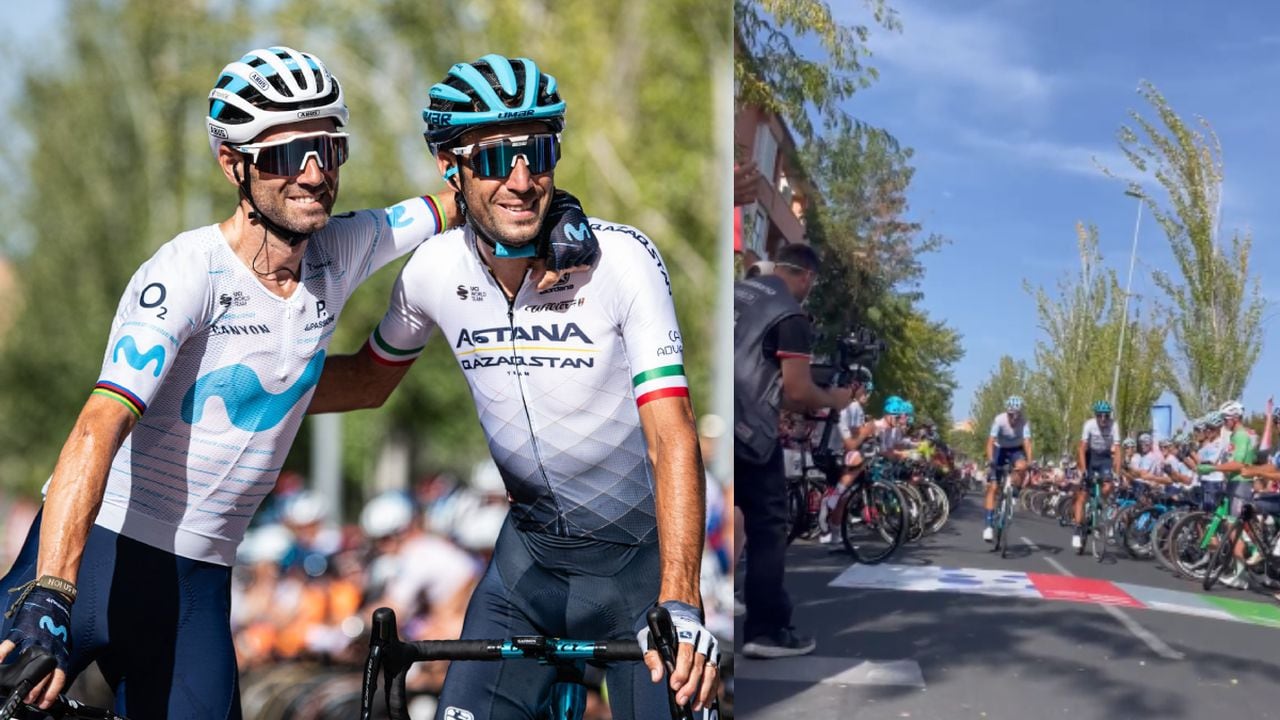 Alejandro Valverde y Vincenzo Nibali. Vuelta a España 2022 - Etapa 21. Foto: Twitter La Vuelta (@lavuelta)//Twitter 
Movistar Team (@Movistar_Team)