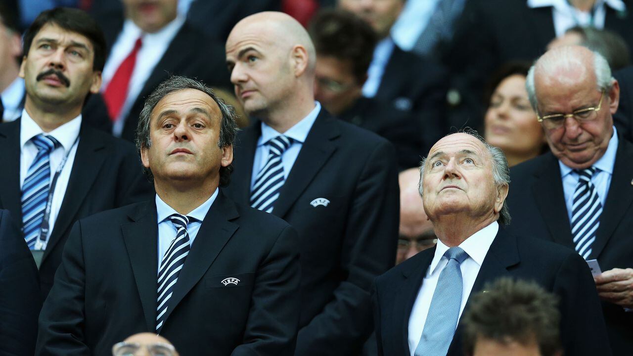 WARSAW, POLAND - JUNE 28:  UEFA president Michel Platini (L) and FIFA president Sepp Blatter during the UEFA EURO 2012 semi final match between Germany and Italy at National Stadium on June 28, 2012 in Warsaw, Poland.  (Photo by Alex Grimm/Getty Images)